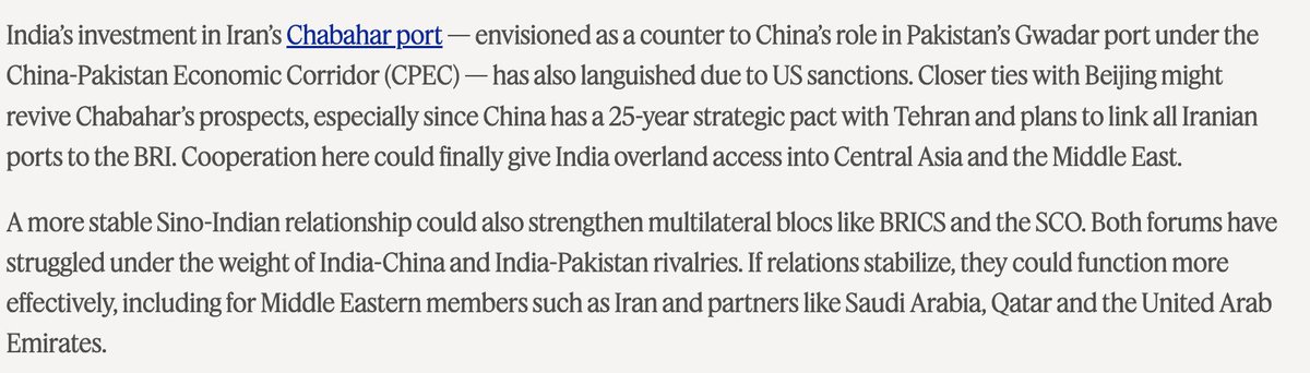 Kabir Taneja (@kabirtaneja) on Twitter photo India-China reset is being wildly misread. Suggesting that Delhi and Beijing can now cooperate on Chabahar Port in Iran, while China develops, runs, and potentially militarises Gwadar in Pakistan, is delusional. Everyone needs to settle down a bit. #SCO al-monitor.com/originals/2025… India-China reset is being wildly misread. Suggesting that Delhi and Beijing can now cooperate on Chabahar Port in Iran, while China develops, runs, and potentially militarises Gwadar in Pakistan, is delusional. Everyone needs to settle down a bit. #SCO al-monitor.com/originals/2025…