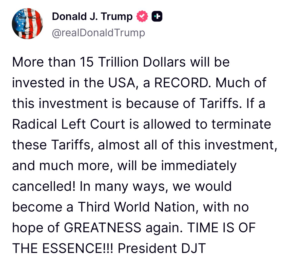 MAGALieTracker's tweet photo. BREAKING: Trump gets it wrong again. The 15 trillion number is a total fabrication. It falls apart on the slightest bit of scrutiny. And he ignores who actually pays for the tariffs: the AMERICAN PEOPLE. He is lying to you. He thinks you won’t think for yourself. THINK! https://t.co/OJKrd67Nrw