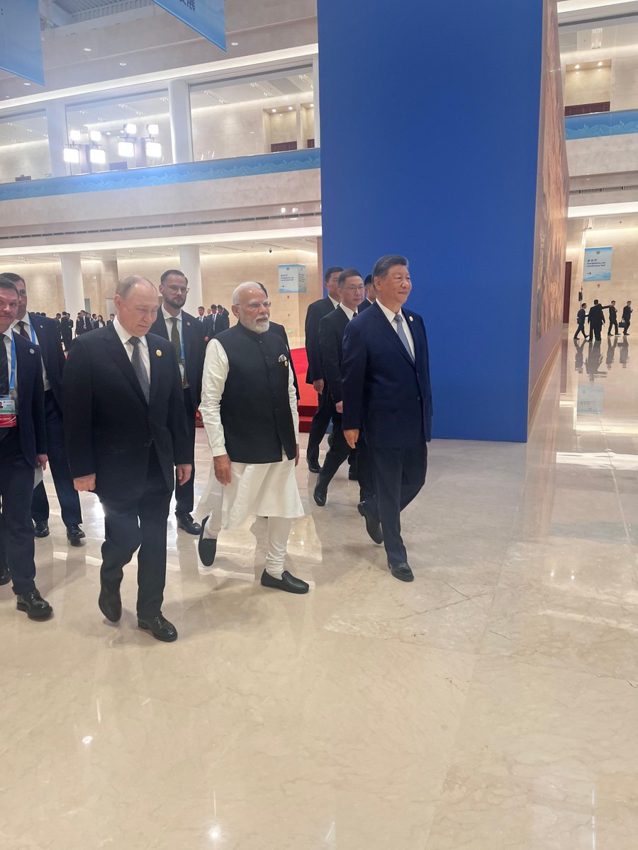 Prime Minister Narendra Modi, Chinese President Xi Jinping, and Russian President Vladimir Putin at the venue of the Shanghai Cooperation Council (SCO) Summit in Tianjin, China.
