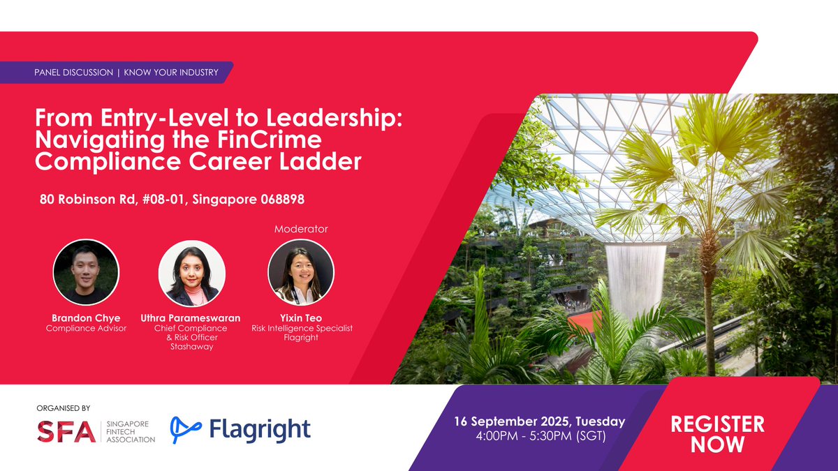 🎙️Panel with Singapore FinTech Association (SFA)

The jump from analyst to MLRO/CCO is beyond just tenure; it’s choices, visibility, and influence. Join leaders who’ve made the leap and learn what really moves careers forward in fincrime compliance.

Who’s on stage:
Uthra