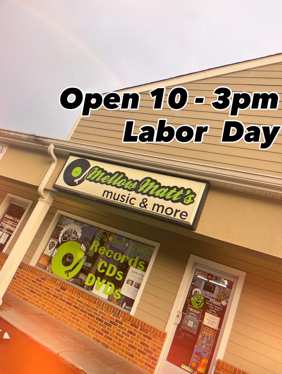 MellowMatts's tweet image. Open 10-3pm on Labor Day for all your music needs! Plus, don’t forget we’ll be at White Squirrel spinning records from 6-8 Monday night! 
.
#independentrecordstore 
#vinylcommunity 
#djnight 
#recordstores
#wku
#bowlinggreenky
#vinylnight