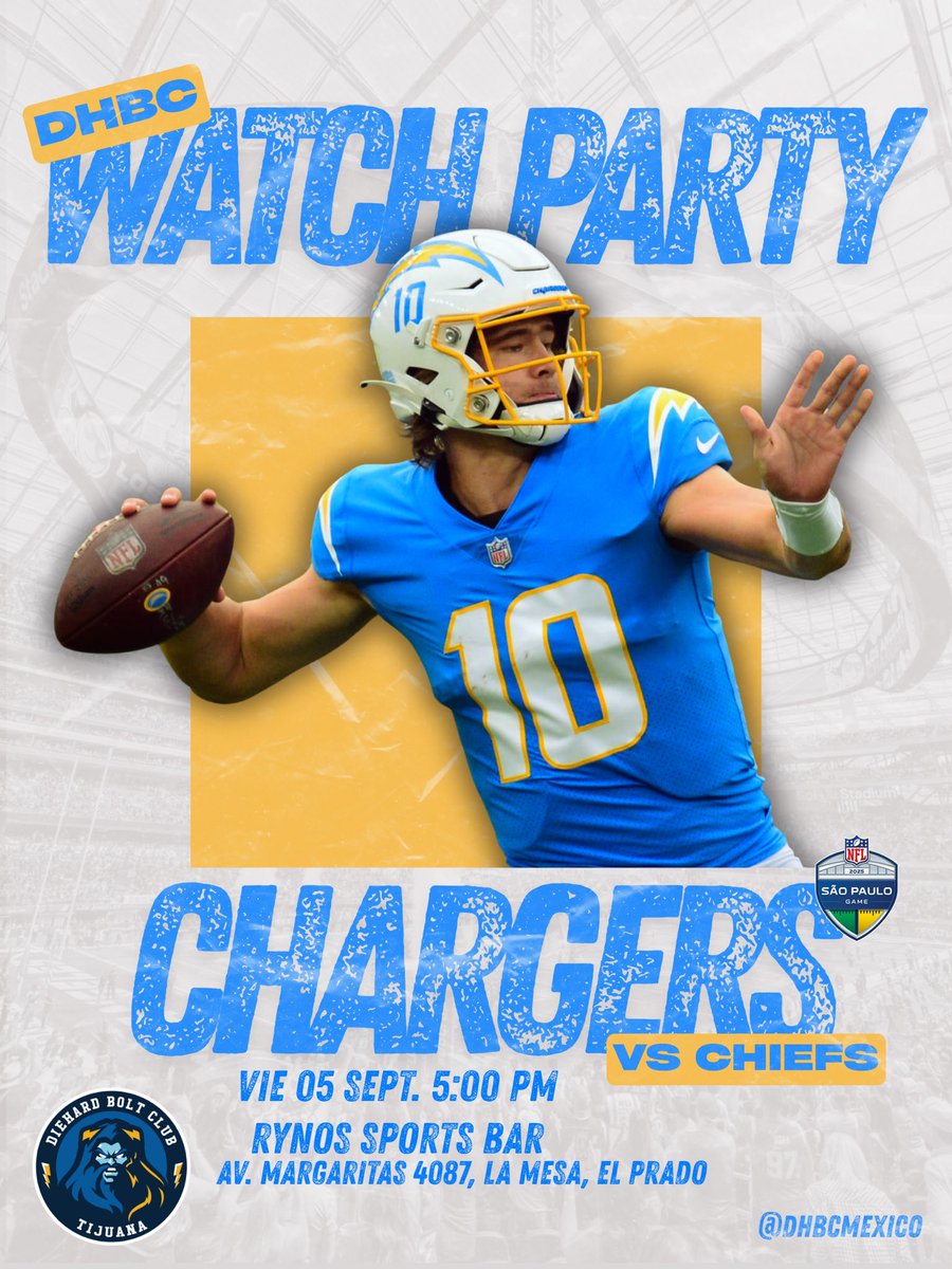 REGRESA LA EMOCIÓN DE LA NFL 🏈

Y la mejor forma de disfrutar a nuestros Chargers ⚡️ es con nosotros, en nuestras Watch Parties, disfrutaremos del partido en las siguientes ciudades:

📍Tijuana
📍Ciudad de México
📍Guadalajara

Los esperamos a todos!