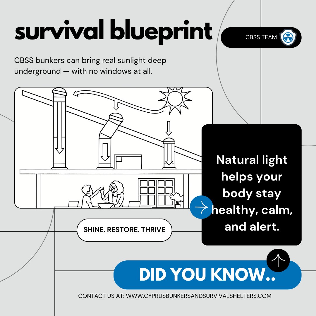 ☀️ Natural Light. Underground.
CBSS bunkers channel real sunlight deep below the surface—no windows needed.

Sunlight boosts health, calm, and alertness even in crisis.

#CBSS #Cyprus #Limassol #Nicosia
#Bunkers #Shelters #CivilDefense #EmergencyPreparedness
#Κύπρος #Λεμεσός