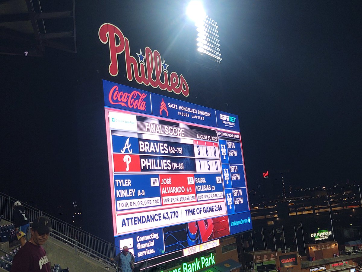 DaveMReports's tweet image. Final Numbers in #Phillies loss to Braves on Sunday Night Baseball 
#ATLvsPHI