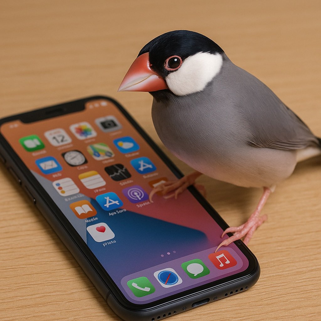 今、AIに「スマホに乗ってる文鳥描いて」って指示だしたら、あいちゃんみたいな🐥さんが出てきた🤭⇩これがそれ。