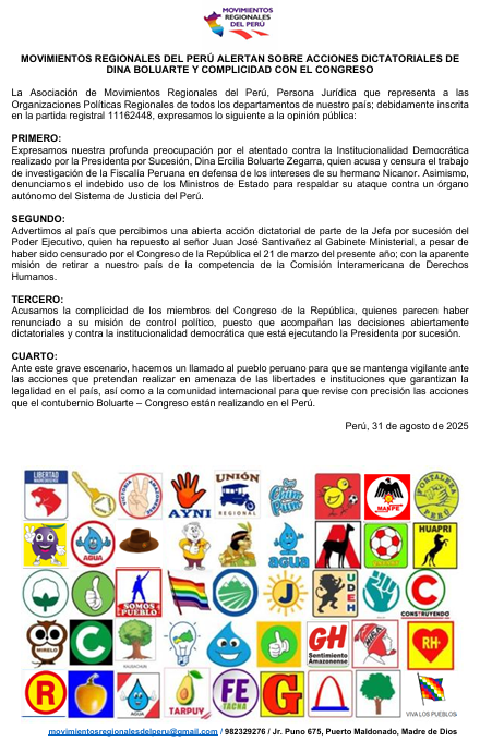 MovRegionales's tweet image. @MovRegionales advierten acciones dictatoriales que atentan contra Institucionalidad Democrática en el Perú
@RPPNoticias @Latina_Noticias @exitosape @larepublica_pe @elcomercio_peru @americatv_peru @ensustrece @rmapalacios @atv_noticias @PTV_Noticias