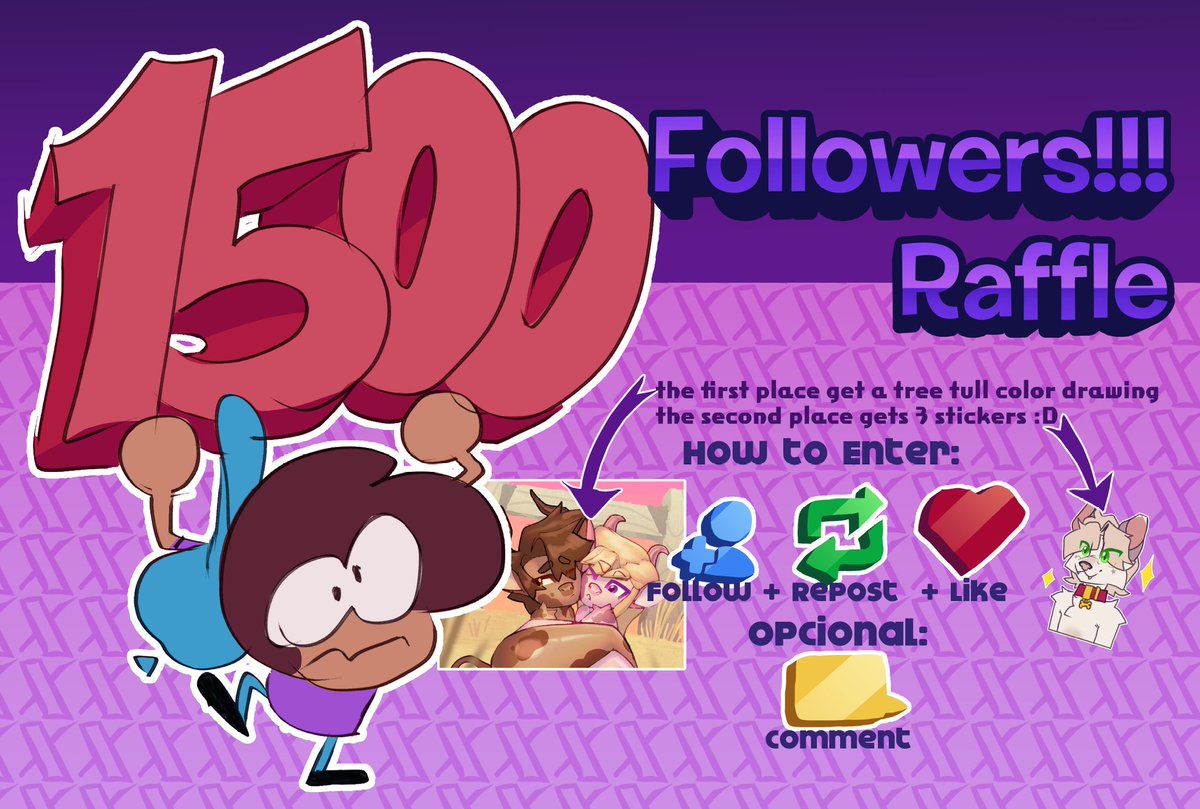 1500 followers Raffle!!!!

How to Enter:
-follow
-Repost
-Like
Opcional: Comment your character ref
Two winners!!! One a full color drawing and the other 3 sticker pack