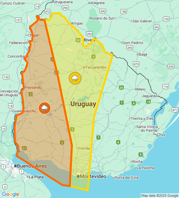 Inumet_'s tweet photo. Advertencia meteorológica naranja por Tormentas fuertes y puntualmente severas
Advertencia meteorológica amarilla por Tormentas puntualmente fuertes y lluvias abundantes
Se actualizará a las 03:00 o ante cambios significativos

Más info: https://t.co/zY2u8OFmLu https://t.co/nptdSAvTg7