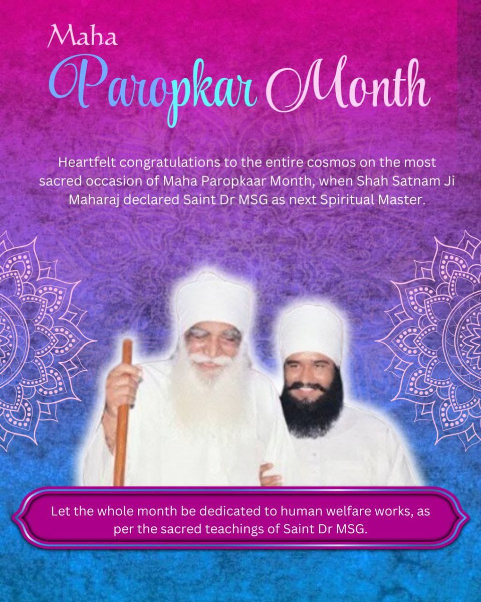 simkashyap3282's tweet photo. 🌸 Celebrating the 35th #महा_परोपकार_माह ✨
A historic day — 23 Sept 1990, when Param Pita Shah Satnam Ji Maharaj blessed Saint Dr MSG Insan with the spiritual legacy. Since then, 70M+ souls enlightened &amp; 170 welfare works initiated. 🙏 https://t.co/qm9nVSBydC