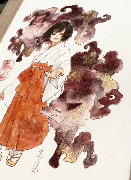 神使幻獣展3日目! 『きつねみくじ・大凶』新作 きつねみくじはもともと「吉・凶」の2種類だったのですが「大吉・大凶」も見たい!と声をいただき制作しました。大凶の色イメージは赤と黒、もっというと血液のイメージで塗りました。じわじわくる怖さかなと #神使幻獣展