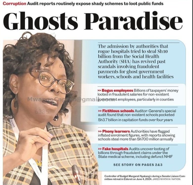 The Auditor General is reporting that;

- Non existent schools have pocketed Ksh 3.7B in capitation funds. Bomet High School received Ksh 50M recently.
- As youths are crying over unemployment, ghost workers are siphoning public funds from state coffers.
- Schools use ghost