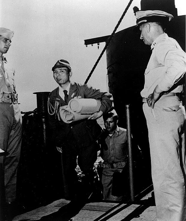 TammiMinoski's tweet image. A Japanese naval officer boarded the USS Missouri with charts of Sagami and Tokyo Bays, for a conference with Adm. William Halsey’s staff in order to prepare for the entrance of US Third Fleet and British Pacific Fleet into the bays for the #JapaneseSurrender ceremonies. #WWII