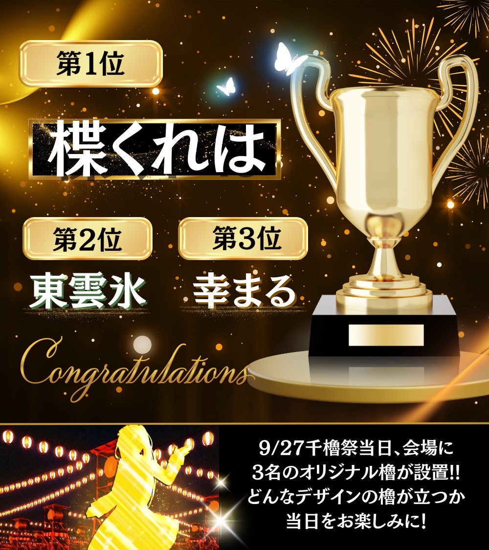 COSFES_GROD's tweet image. 🎆提灯応援企画、完結🎆
沢山の応援をありがとうございました！！

【ファンの皆様と共に、会場をより明るく照らしてくれた、櫓デザインとなる上位3名はコチラ‼️】

🥇1位　楪くれは @_vouyu_ 

🥈2位　東雲氷 @kri_cos 

🥉３位　幸まる @y_k_mr812 

一体どんな櫓になるのか……