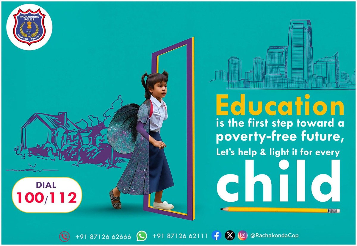 RachakondaCop's tweet image. #TodaysThemePoster

🌟 Education opens the door to a brighter future!
📚 Every child deserves the light of learning.
👧👦 Let’s empower every child through education.

🛡️ Your child’s safety is our priority — call 100/112 in emergencies

#LightOfLearning…