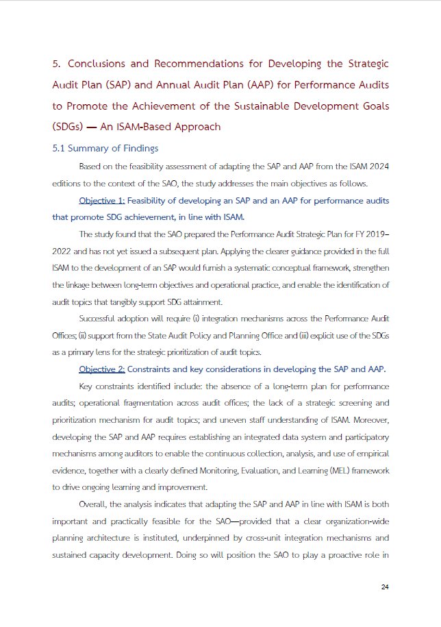 📘 New Publication: Feasibility Study on Adapting the Concepts of SAP &amp; AAP from ISAM 2024 for Performance Audits

The study explores how Strategic &amp; Annual Audit Plans can enhance SDG-oriented auditing in Thailand.
👉 Read here: bit.ly/47RlQzd

#SDGsTeam #ISAM #IDI