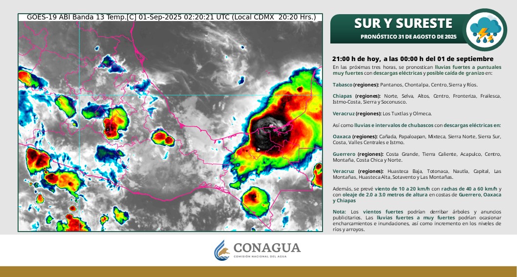 conagua_clima's tweet photo. Habrá el resto de la noche #Lluvias muy fuertes con posible #Granizo en regiones de #Tabasco, #Veracruz y #Chiapas y #Chubascos en #Oaxaca y #Guerrero; #Viento con #Rachas de 40 a 60 km/h y #Oleaje de 2 a 3 m de altura en #Oaxaca, #Guerrero y #Chiapas. Detalles ⬇️ https://t.co/kcsdsi2HOG