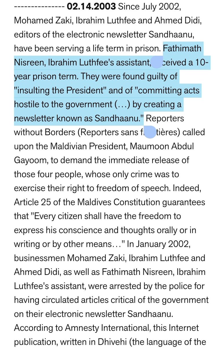 In Gayoom’s Maldives, free speech = prison.

Sandhaanu editors were sentenced to life in jail in 2003.

One woman, Fathimath Nisreen, got 10 years for publishing an online newsletter.

 Peaceful protests like Black Friday 2004 ended with beatings, arrests &amp; emergency rule.

Now