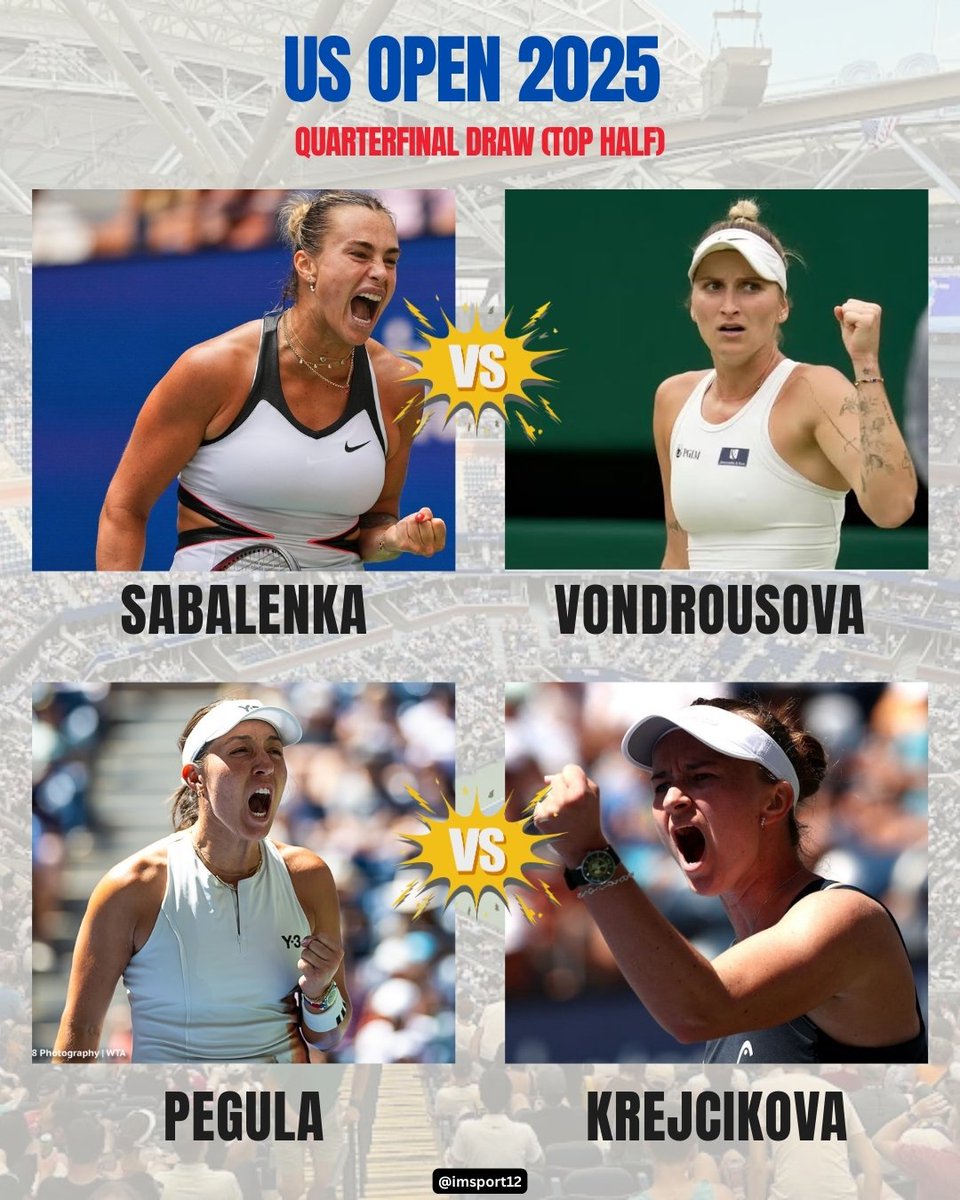 Women's Singles Top half Quarterfinals draw in #USOpen2025 

Aryna Sabalenka v Marketa Vondrousova 
(H2H ARYNA leads 5-4, Last meeting CINCINNATI 2025 Sabalenka won in straight )

Jessica Pegula v Barbora Krejcikova ( First Meeting ) 

#USOpen #WTA #USOpenTennis