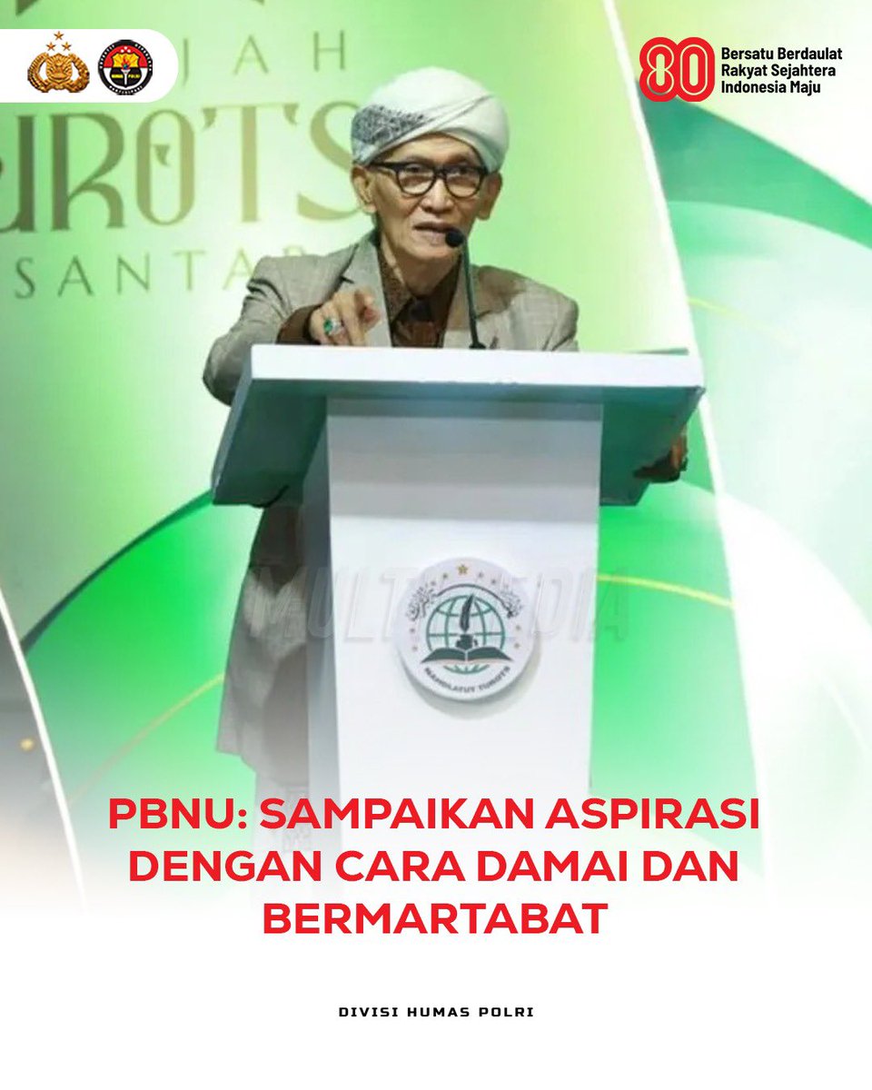 Rais Aam Pengurus Besar Nahdlatul Ulama (PBNU), KH. Miftachul Akhyar, menegaskan bahwa aspirasi harus disampaikan secara bermartabat tanpa kekerasan. Ia mengingatkan semua pihak untuk menahan diri dan mengedepankan dialog dalam menyampaikan pendapat. #BersatuDemiIndonesia