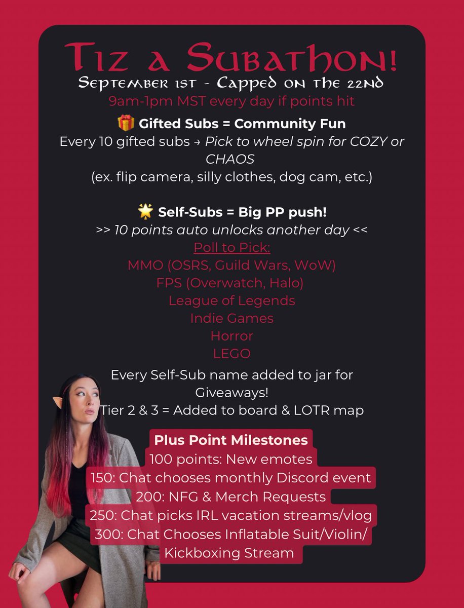 Doin’ a thing for SUBTEMBER 🎉
Last month of streams before leaving for a month 😭 So let’s hang out and have fun till my flight on the 24th!