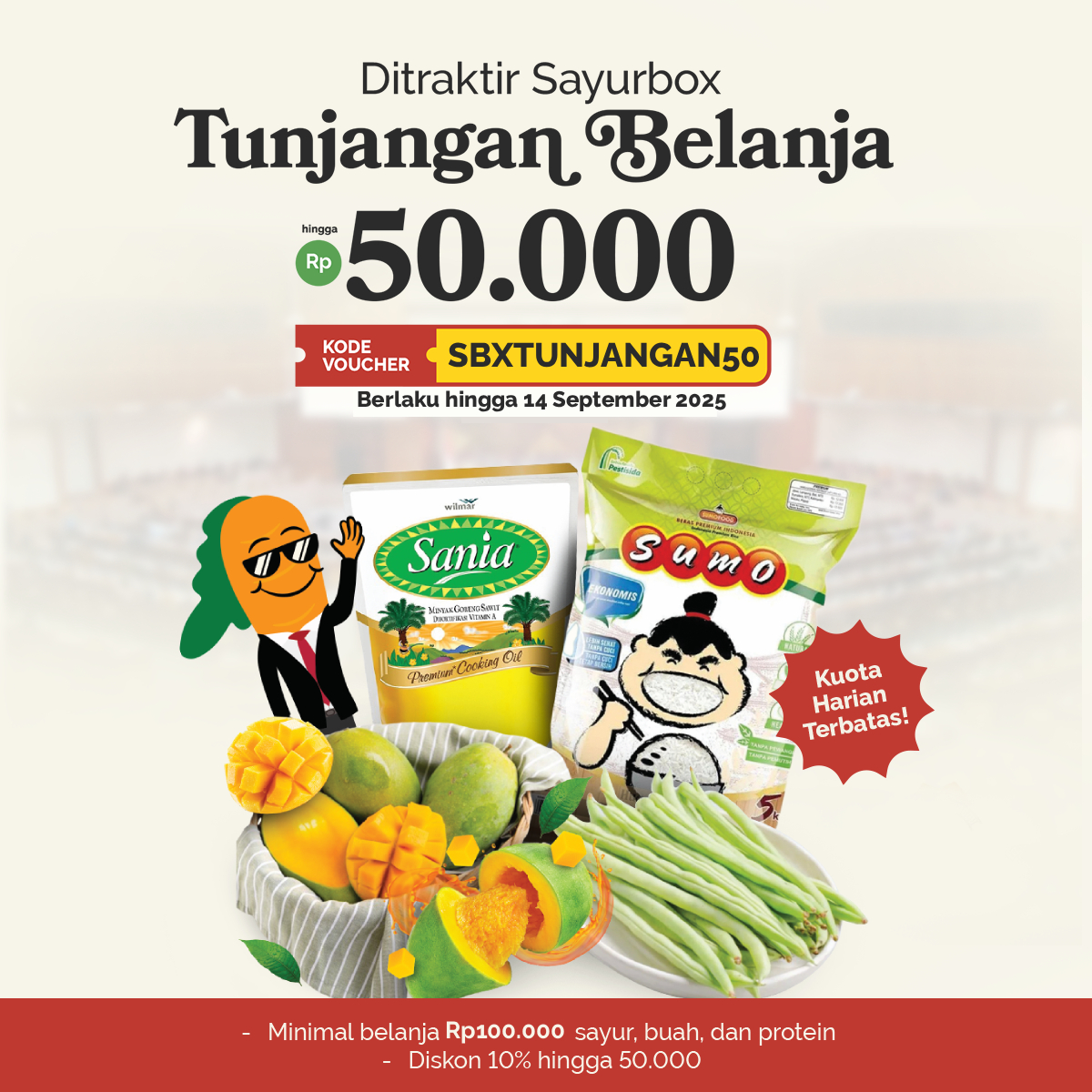 sayurbox's tweet image. Mangga Nikmat, Hematnya NO DEBAT! 🙅‍♀️🚫
Cuma Sayurbox Ahlinya Mangga!

Perlu tunjangan belanja? 🤑
Klaim diskon hingga 50ribu! 
Kode: SBXTUNJANGAN50 
Minbel 100rb sayur, buah, dan protein 

Banyak promo hingga 80%!
Cek di sini: sayur.box/info