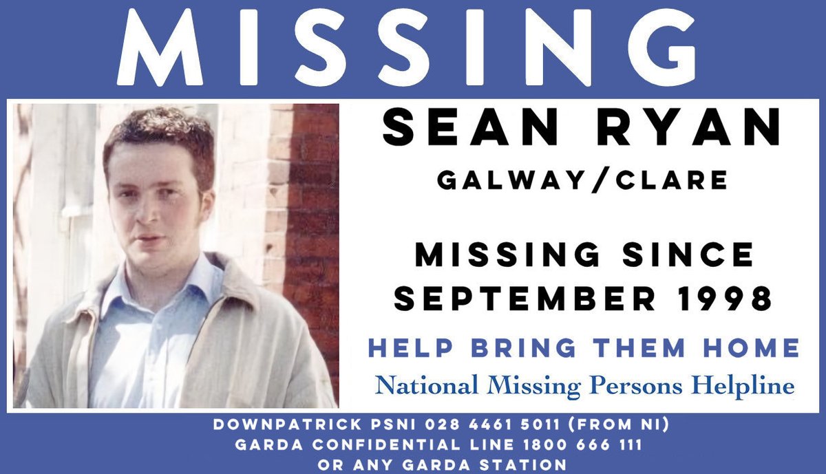 On 1 September 1998, 17 year old Sean Ryan left his home in Downpatrick, Co Down. Sean crossed the border on a bus from Belfast to Galway. There were a few sightings of Sean in Co Galway and Co Clare. Sean was 5ft 7ins, with hazel eyes, of medium build at the time he went missing