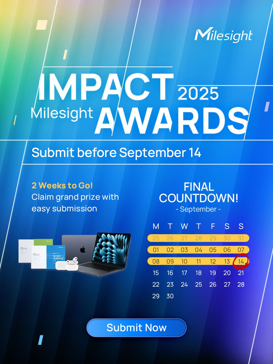 MilesightIoT's tweet image. 📢 2 weeks left to enter the Milesight Impact Awards 2025! Deadline: Sept 14. Share your success story for a chance to win one of 4 Awards or 4 Honorable Mentions. Enter now: docs.google.com/forms/d/e/1FAI…