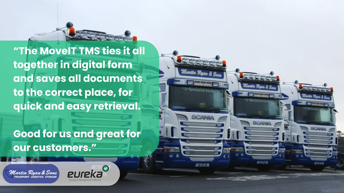 🧢 Customer recap: <a href="/MartinRyandSons/">Martin Ryan Haulage </a> 

“Simple to install, easy to operate &amp; above all, a comprehensive management tool.”

✅ Paperless admin
✅ Real-time job visibility &amp; planning
✅ Driver comms

#Eureka #MoveIT #TMS #Logistics #Transport #Haulage #SupplyChain #News #Innovation