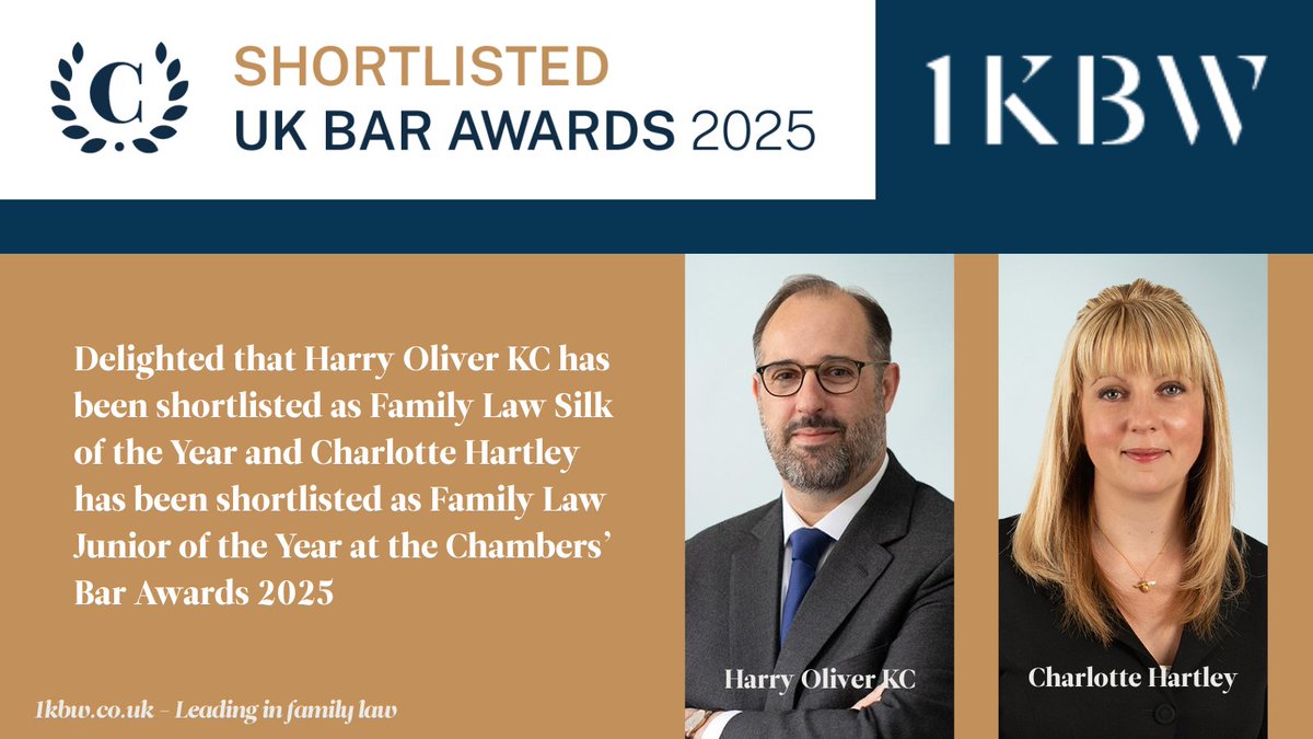 Congratulations to <a href="/hjwoliver/">Harry Oliver KC</a> who has been shortlisted as Family Silk of the Year and <a href="/chartley11/">Charlotte Hartley</a> who has been shortlisted for Family Junior of the Year at the Chambers and Partners' UK Bar Awards 2025. #ChambersUKBarAwards #shortlisted #familylaw
