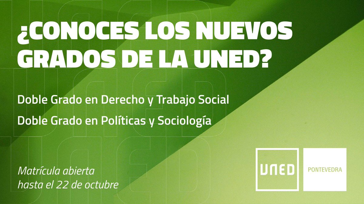 🆕 La UNED amplía su oferta educativa con nuevos grados: 👩🏻‍⚖️ Derecho + Trabajo Social 🗳️ Políticas + Sociología. Descubre todos nuestros programas en 📲 unedpontevedra.com  

🔔 ¡Matricúlate hasta el 22 de octubre! 

Tu próximo paso está en la UNED 💚 #UNEDPontevedra