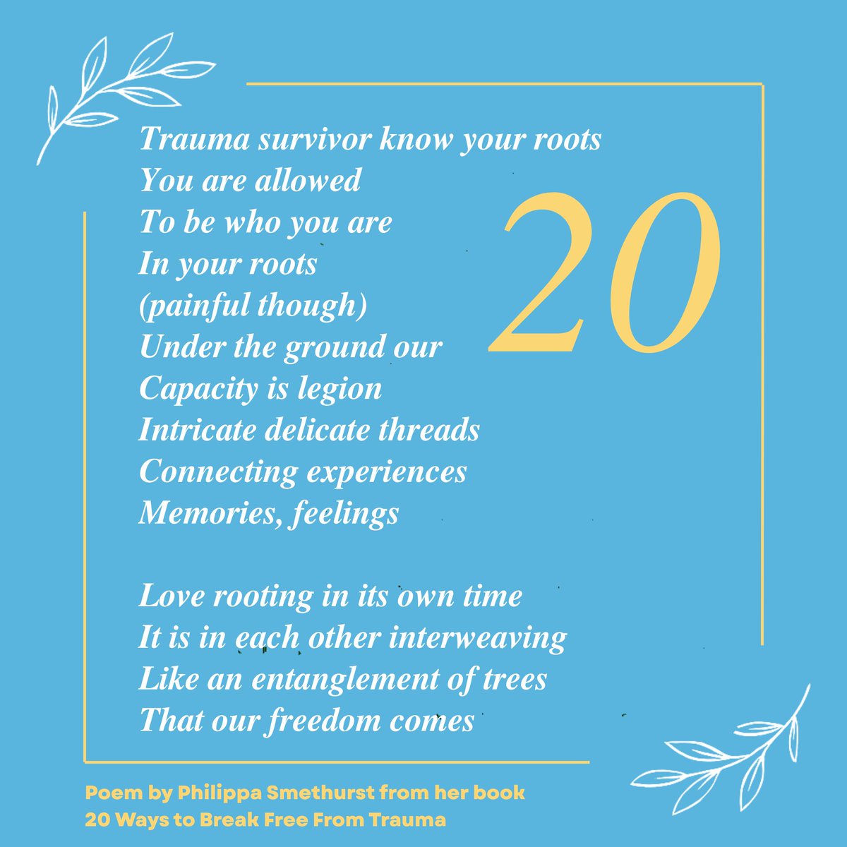 🌿 Poem 20/20: Trauma Survivor, Know Your Roots

This final poem is a tribute to growth. To every thread. Every scar. Every beginning again 🌱

➡️ Book on Amazon: 20 Ways to Break Free From Trauma

➡️ To receive my newsletters: philippasmethurst.com/news#contactfo…

#MentalHealth #Healing