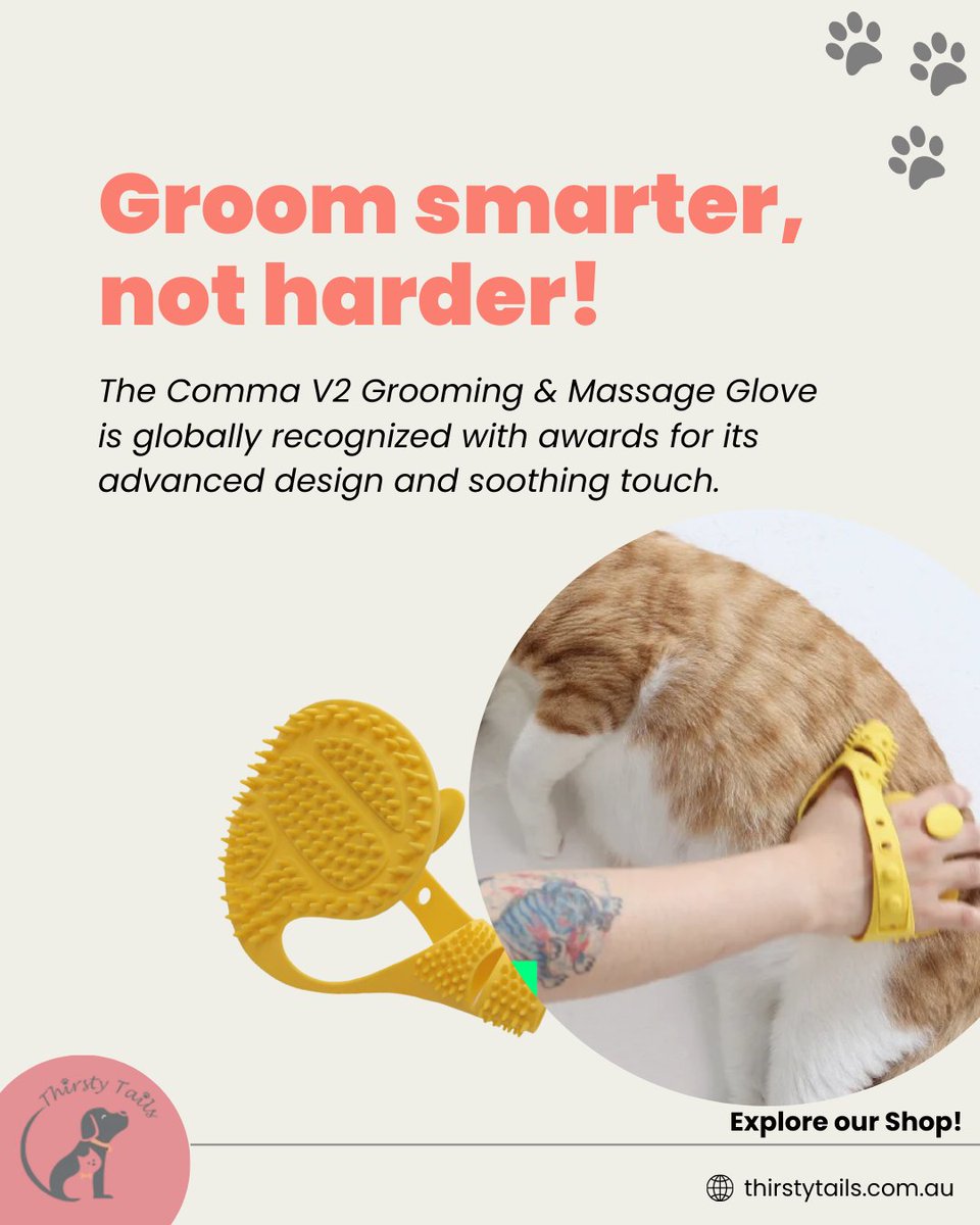 🐾💫 Meet the grooming revolution: the Comma V2 Grooming &amp; Massage Glove! 

🌍 Awarded at DNA Paris &amp; Seoul Invention Fair 🏆, it blends innovation with comfort. 🐕🐈💕
.
Shop now - thirstytails.com.au

#Australia #Dogs #Cats