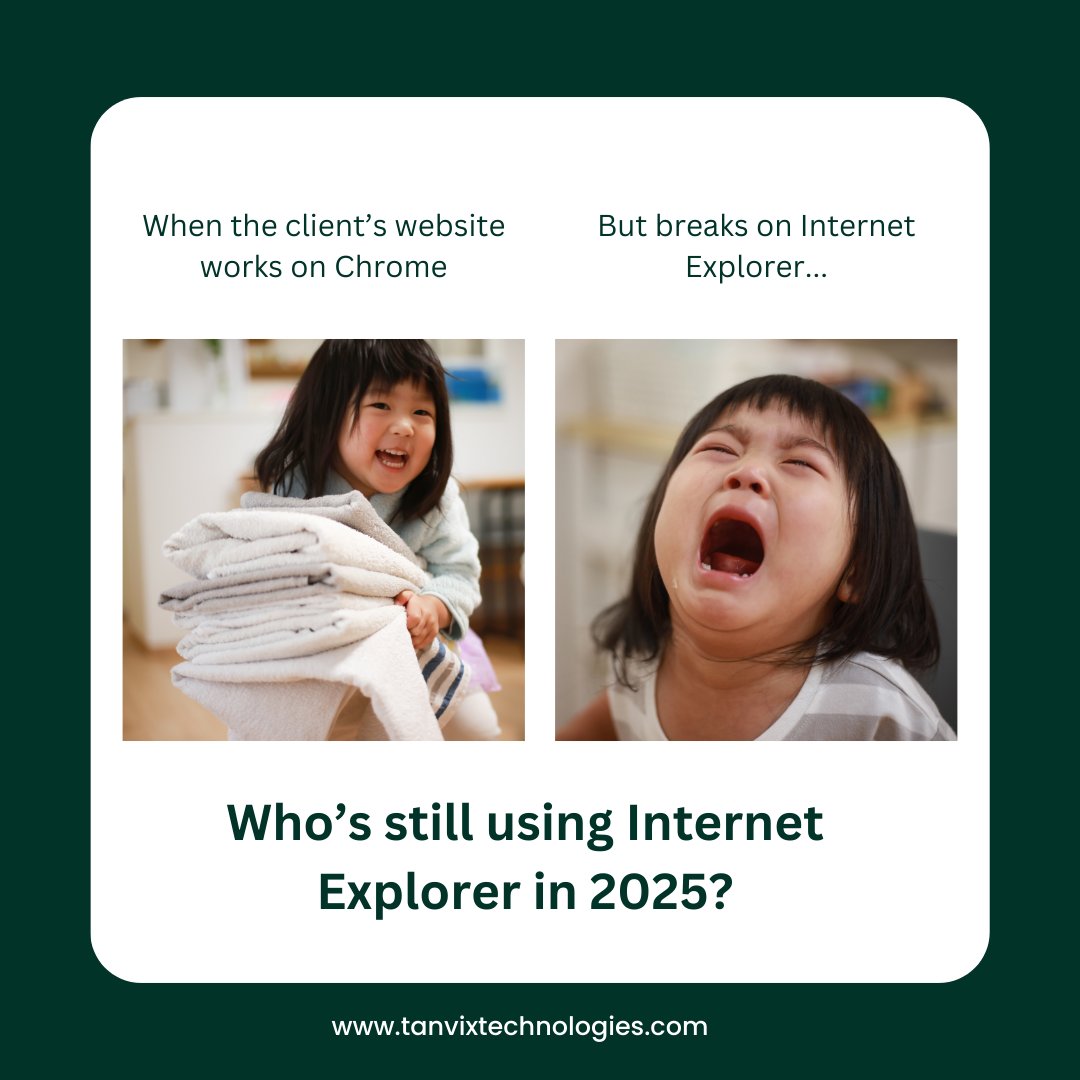 Meenu_tanvix's tweet image. If your site still breaks on Internet Explorer… We need to talk 😅🚀 #TanVixTechnologies
#WebDesignHumor #BrowserCompatibility #WebsiteFails #TechMeme #tanvix