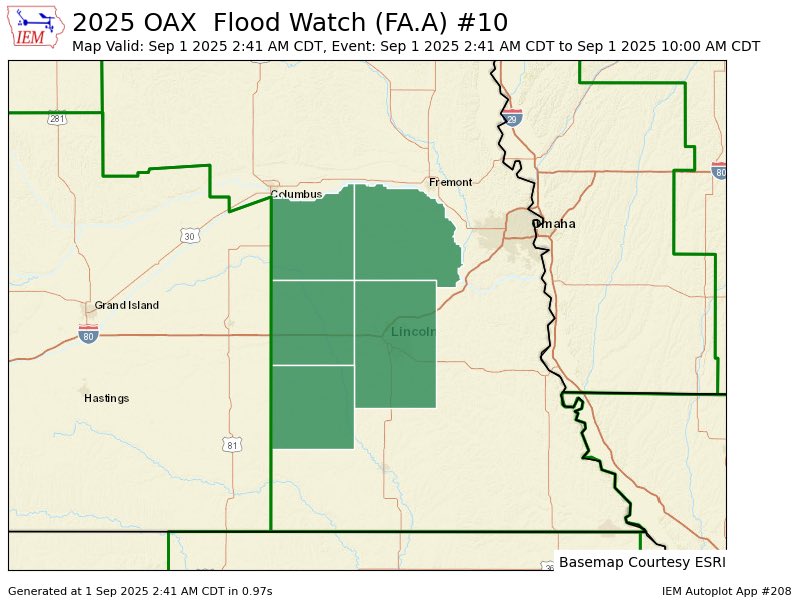(Monday 3:30am) Just a heads up! The National Weather service issued a flood watch for Lincoln, Seward and Wahoo, Nebraska until 10am. We are seeing some very heavy, slow-moving rain just west of Omaha and 2 flash flood warnings been issued bc of it. We will probably see this in