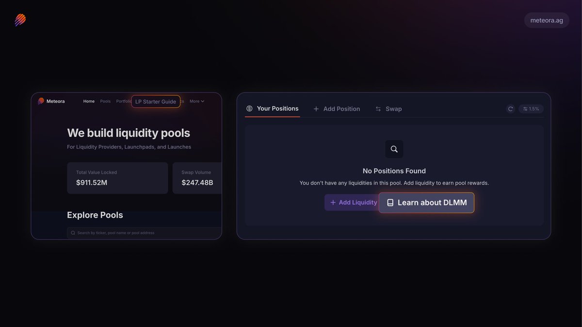 Screenshot of Meteora's updated UI showing beginner features and Learn about DLMM button