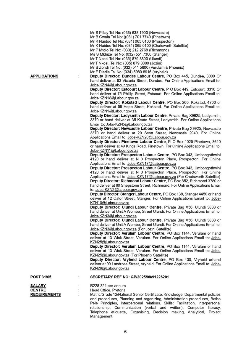Department of Employment and Labour is hiring!

📌UI Client Service Officer x107 posts
📌Client Service Officers: UIF x58 posts
📌Trainee Employment Counsellor x130 posts
📌Secretary 
📌Employer Registration: Tariffs: Internship x5 posts
📌Employer Registration: Index: Internship