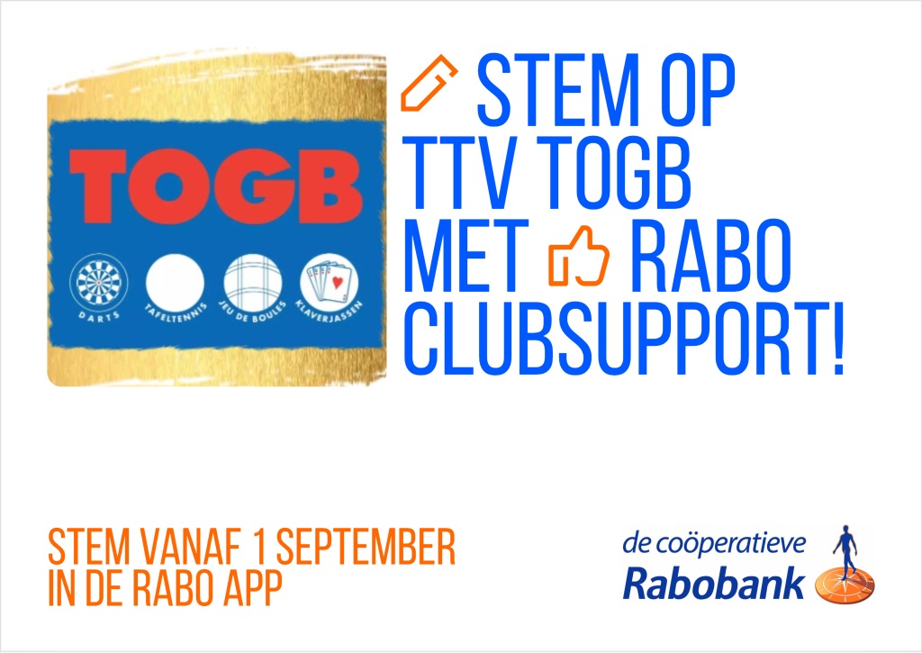 Steun tafeltennisvereniging TOGB!
💙 Stem bij Rabo ClubSupport 
📲 1 t/m 24 september via de Rabo App
💥 Elke stem is steun voor onze club!