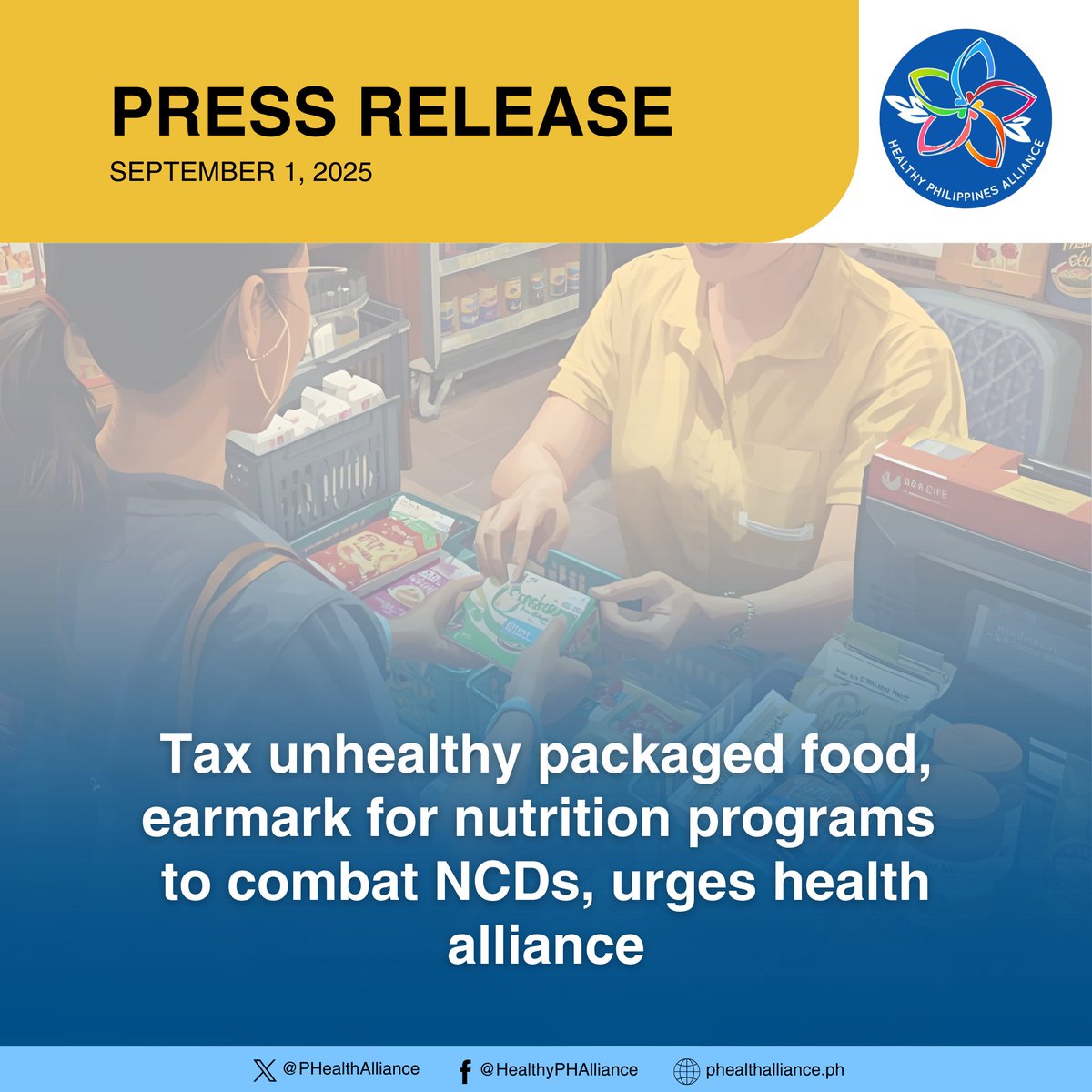 PRESS RELEASE | A tax on unhealthy packaged food can lower sugar &amp; sodium intake, prevent deaths, reduce heart disease &amp; diabetes cases, generate health care savings and tax revenues for PH #BeatNCDs #ActOnNCDs #LeadOnNCDs #TaxUnhealthyFood
READ MORE: phealthalliance.ph/2025/09/01/tax…