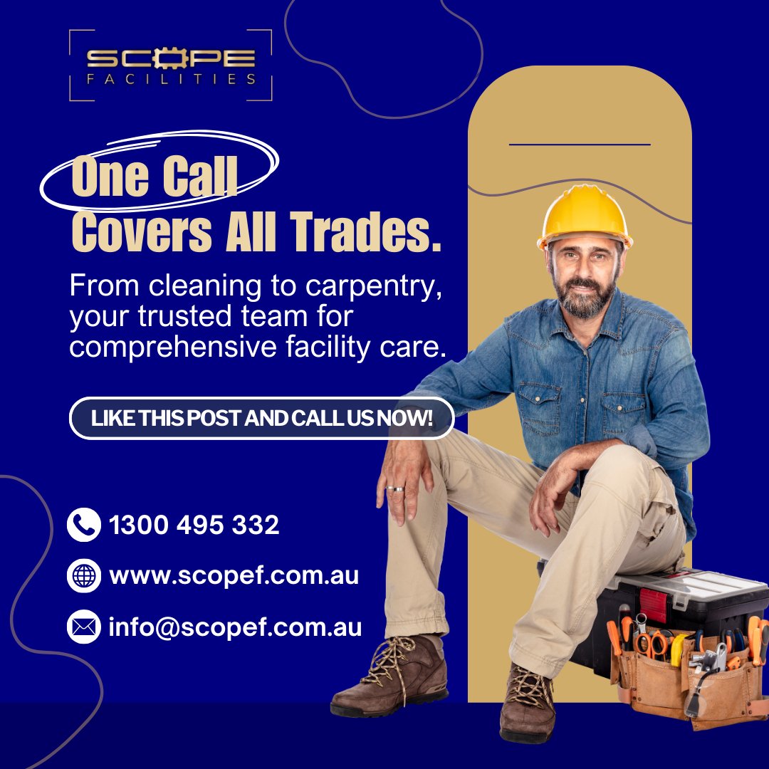 au_scope's tweet photo. One Call Covers All Trades. Cleaning to carpentry, we’re your trusted team for comprehensive facility care. #AllInOneService #HandymanTeam #FacilitySupport https://t.co/UmslauB71W