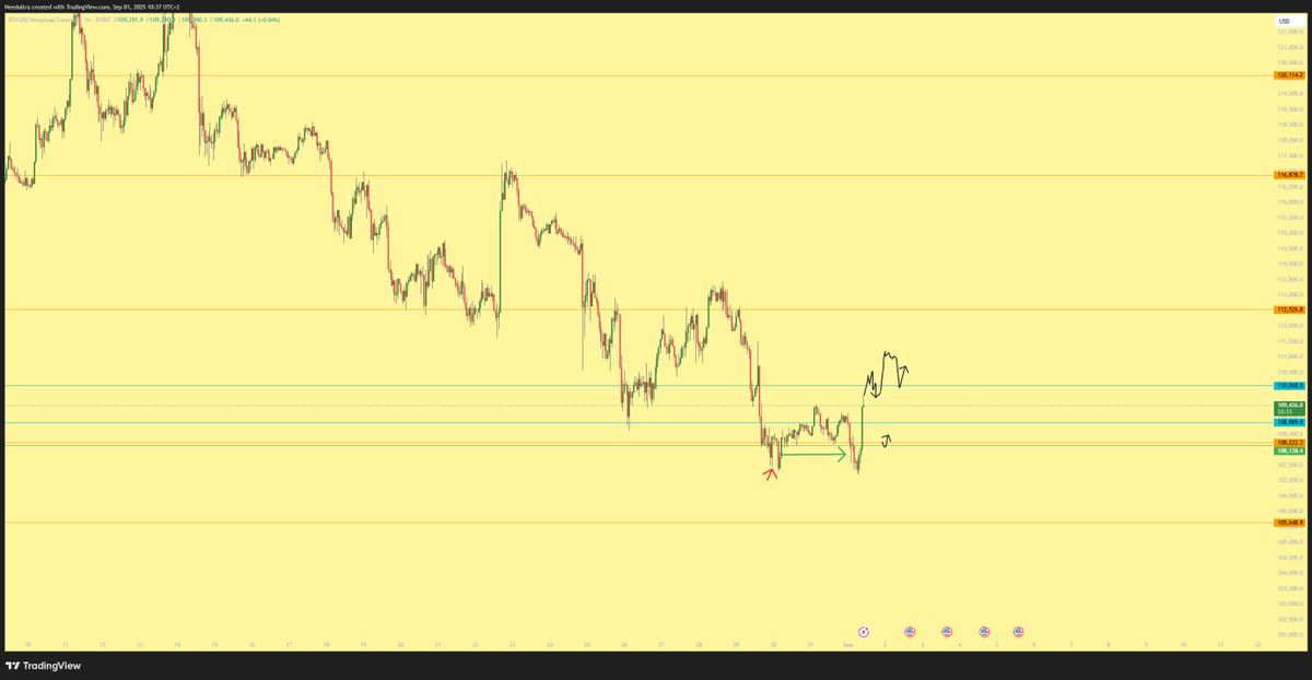 GM

Vacation is over, so it’s time to grind again.
I’ll kick things off by reviewing Bitcoin price action and the scenarios I’m watching.

Yesterday, I placed a long trade at the green arrow (107.8k) with a stop loss at the red arrow (107.4k). The stop turned out to be too tight,