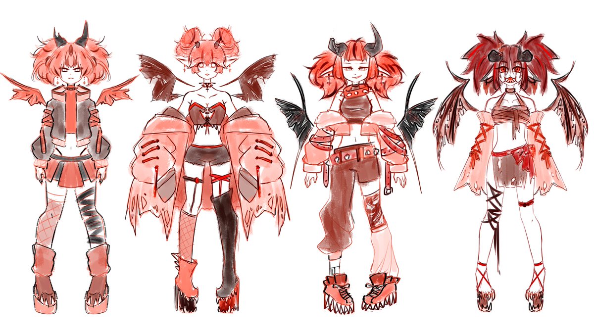hey so here's 4 different red demon girl designs i made in like 2 hours all with:

- pigtails
- broken horn on the exact side
- cross earrings
- torn wings
- mismatched leggings
- ribbons on the sleeves
- teeth shoes

gonna try to claim these are all you too?