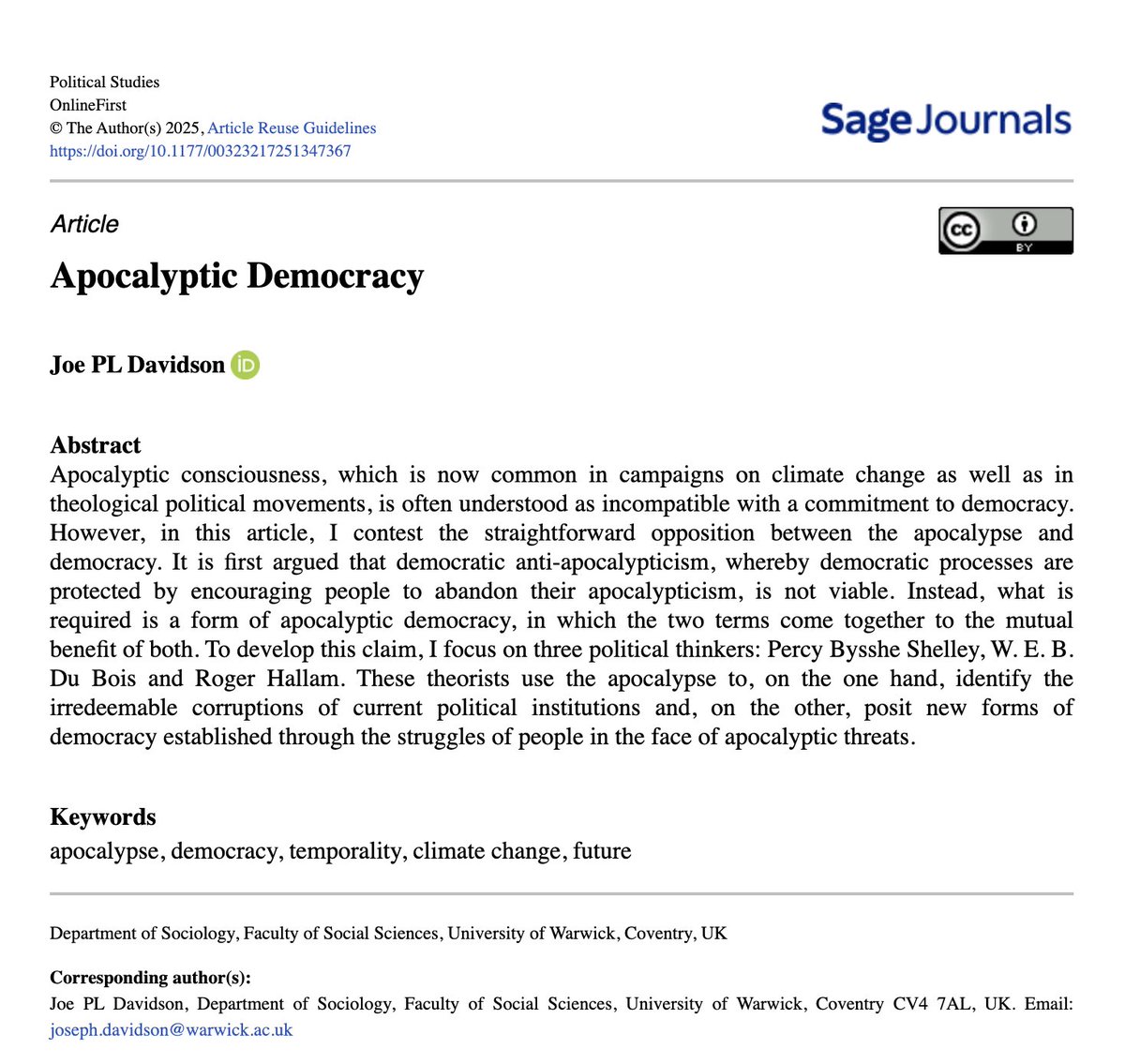 CenSamm's tweet photo. New open-access article from Joe Davidson: "Apocalyptic Democracy" https://t.co/OwRXOc6VIl https://t.co/SLGKwDazQr