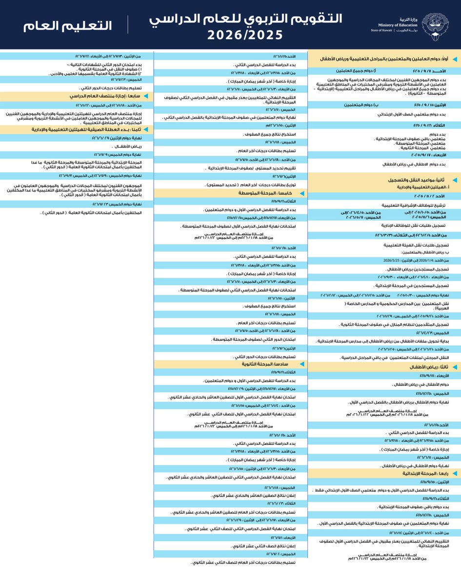 التقويم التربوي للعام الدراسي 2025 / 2026 لمدارس التعليم العام ، وإدارة التربية الخاصة ، ونظام تعليم الكبار ومحو الأمية ، والتعليم الديني 

#وزارة_التربية