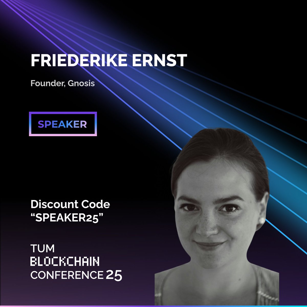 할인 코드 SPEAKER25가 포함된 TUM Blockchain Conference 2025용 Friederike Ernst 연사 카드