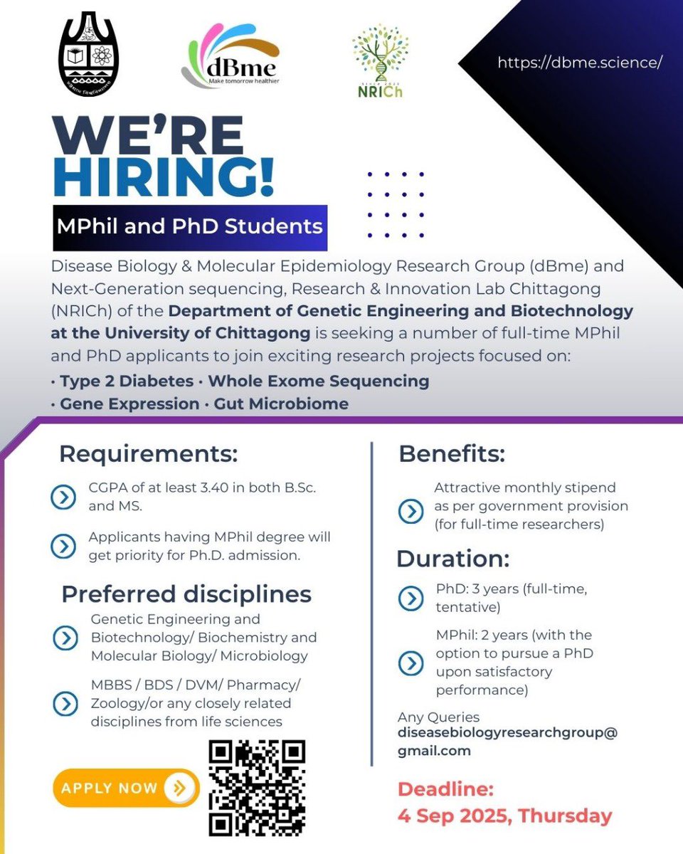 dBmeLab's tweet photo. We’re hiring!
🎓 MPhil &amp; PhD opportunities @ Univ. of Chittagong

Join dBme &amp; NRICh research groups to explore:
🔬 Type 2 Diabetes
🧬 Whole Exome Sequencing
📊 Gene Expression
🦠 Gut Microbiome

📅 Apply by Sept 4, 2025
👉 Details: https://t.co/Bvssbc12Bp https://t.co/Na7LDOzgpI