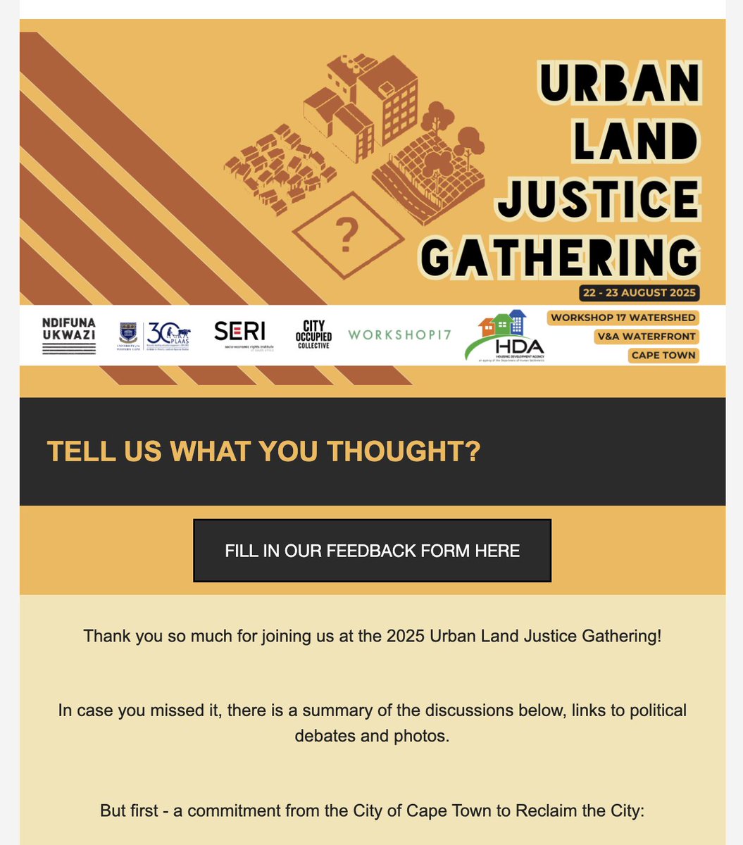 Did you receive our latest newsletter which includes a summary of the conversations at the Urban Land Justice Gathering? Please check your emails and send us feedback!

#uljg2025 <a href="/PLAASuwc/">PLAAS</a> <a href="/SERI_RightsSA/">SERI</a>  <a href="/the_hda/">Housing Development Agency (HDA)</a>  <a href="/suraya_scheba/">SurayaScheba</a>