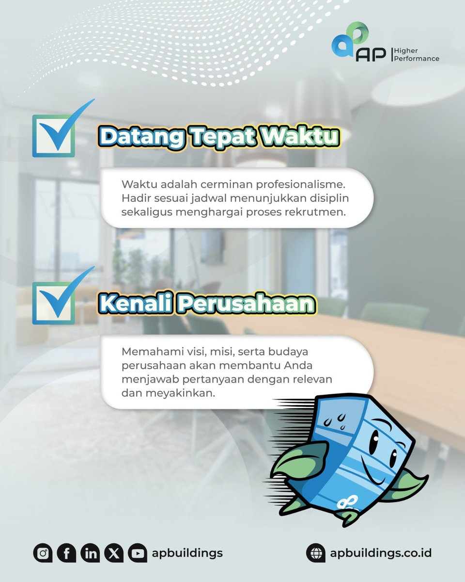 apbuildings's tweet image. Hi #APFriends!

Panggilan interview yang #APFriends dapat atas lamaran kerja yang dikirim menjadi bukti bahwa #APFriends menarik di mata perusahaan. Gunakan dengan baik kesempatan interview yang diberikan.