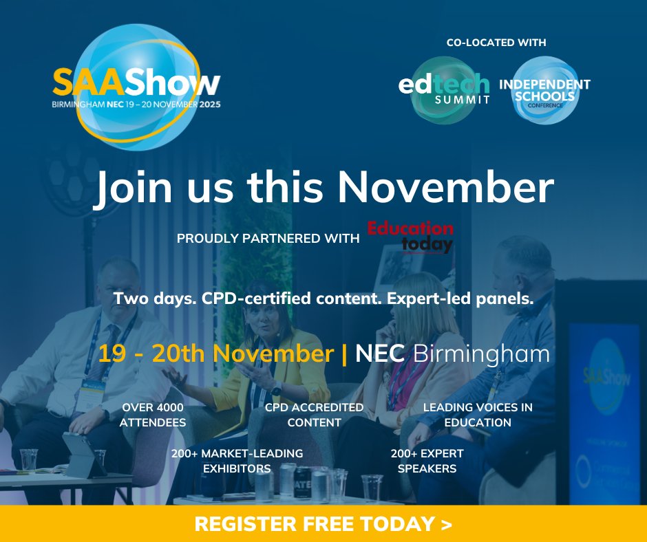 Stay ahead of the curve! The Schools &amp; Academies Show Birmingham (19–20 Nov, NEC) unites senior education leaders, policymakers, and experts to share what's shaping the future of schools. Register for free today: hubs.la/Q03r-qFb0 #SAAShow <a href="/SAA_Show/">Schools & Academies Show</a>