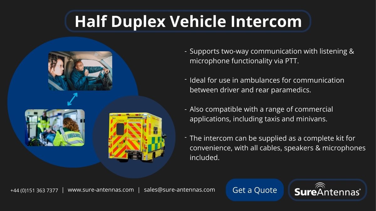 Sure Antennas’ Half Duplex Vehicle Intercom enables clear two-way PTT communication, ideal for ambulances, taxis, and emergency vehicles. Supplied as a full kit with cables, speakers, and microphones.

Learn more: lnkd.in/exXYjRZc

#PublicSafety #PTT #Ambulance #Taxi