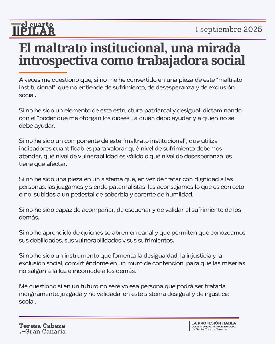 ✍️"El maltrato institucional: una mirada introspectiva como trabajadora social"

ℹ️ colegiotstenerife.org/noticia/el-cua…
.- Por Teresa Cabeza
🏛️ | 𝐄𝐋 𝐂𝐔𝐀𝐑𝐓𝐎 𝐏𝐈𝐋𝐀𝐑